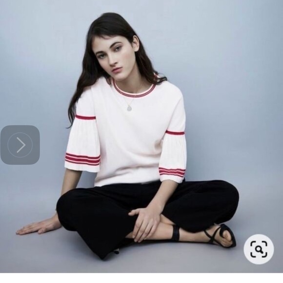 Maje Sweaters - Maje Monica red and white pleated bell sleeve sweater